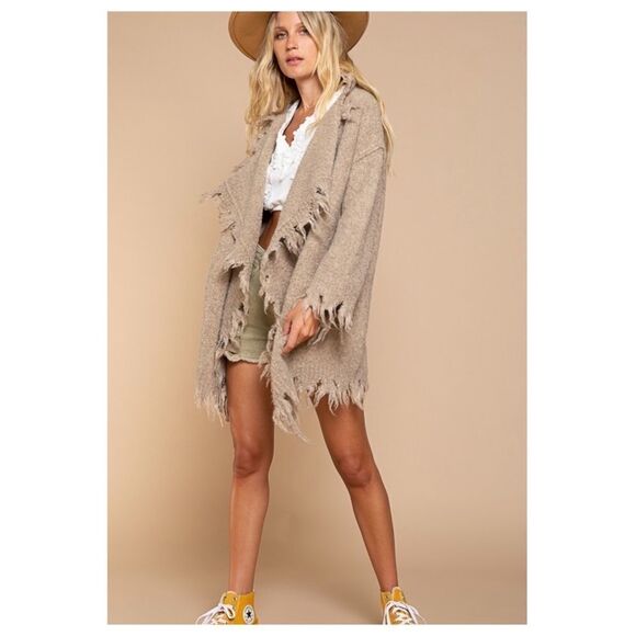 WOOL Blend Cardigan with distressed hemline in Taupe - Picture 8 of 11